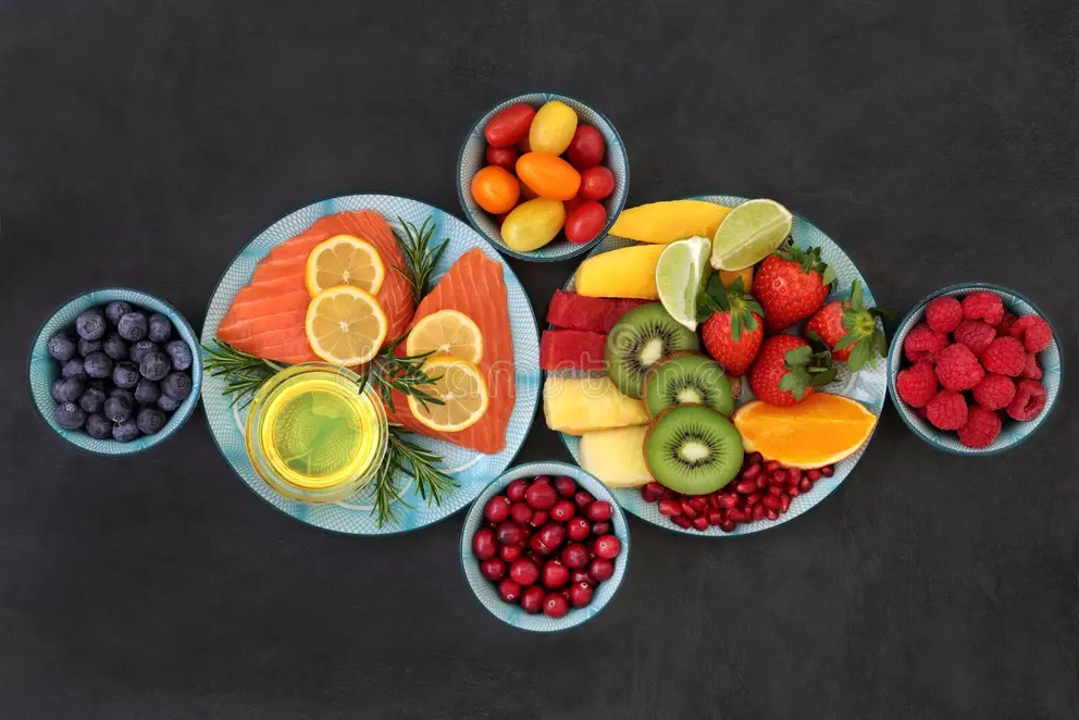 healthy nutrition good health healthy nutrition good health concept super foods fresh salmon fish fruit vegetables 110144938